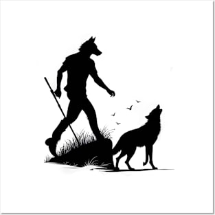 Moonlit Encounter: Wolf and Werewolf Silhouettes Posters and Art